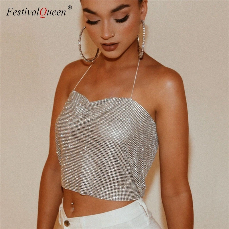 

Women Sexy Crop Top Backless Bling Metallic Sequin Shiny Gold Tank Top Vest Rhinestone Night Club Party Chain Camisole