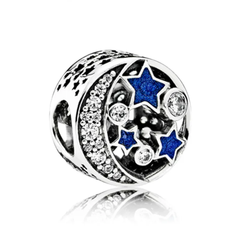 

5PCS Silver Plated Round Night Sky Blue Star Clearly Crystal Moon Big Hole Bead Fit Women Bracelets&Bangles Making DIY Wholesale