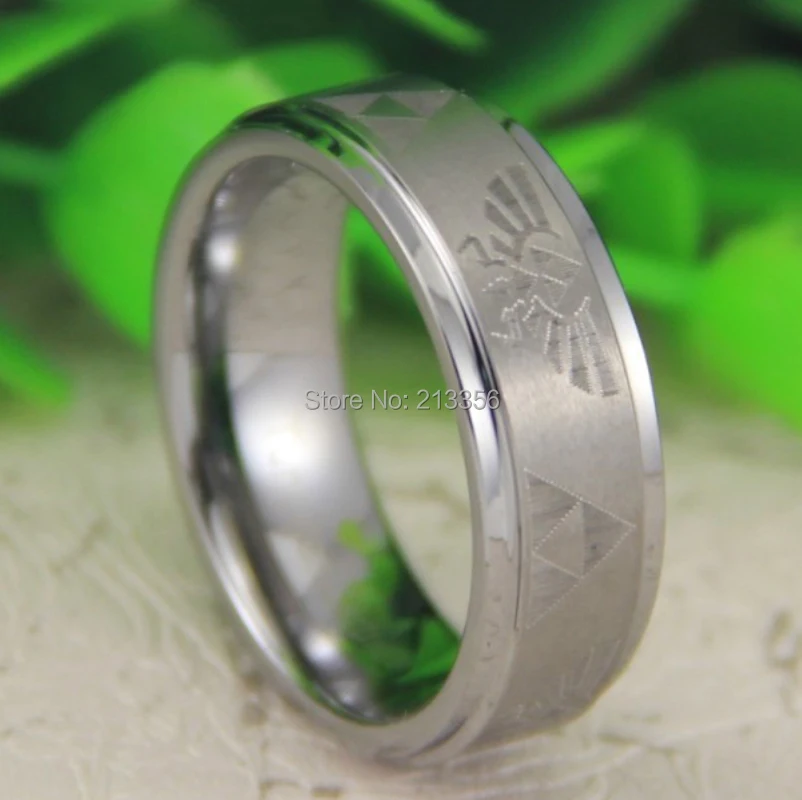 

Free Shipping USA UK CANADA RUSSIA Brazil Hot Selling 8MM Brushed Silver Stepped LEGEND Of ZELDA &Triforce Tungsten Wedding Ring