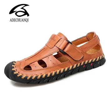 

Men Genuine Cow Leather Sandals Summer Handmade Men Shoes Man Breathable Casual Shoes Flat Walking Sandals Male Footwear
