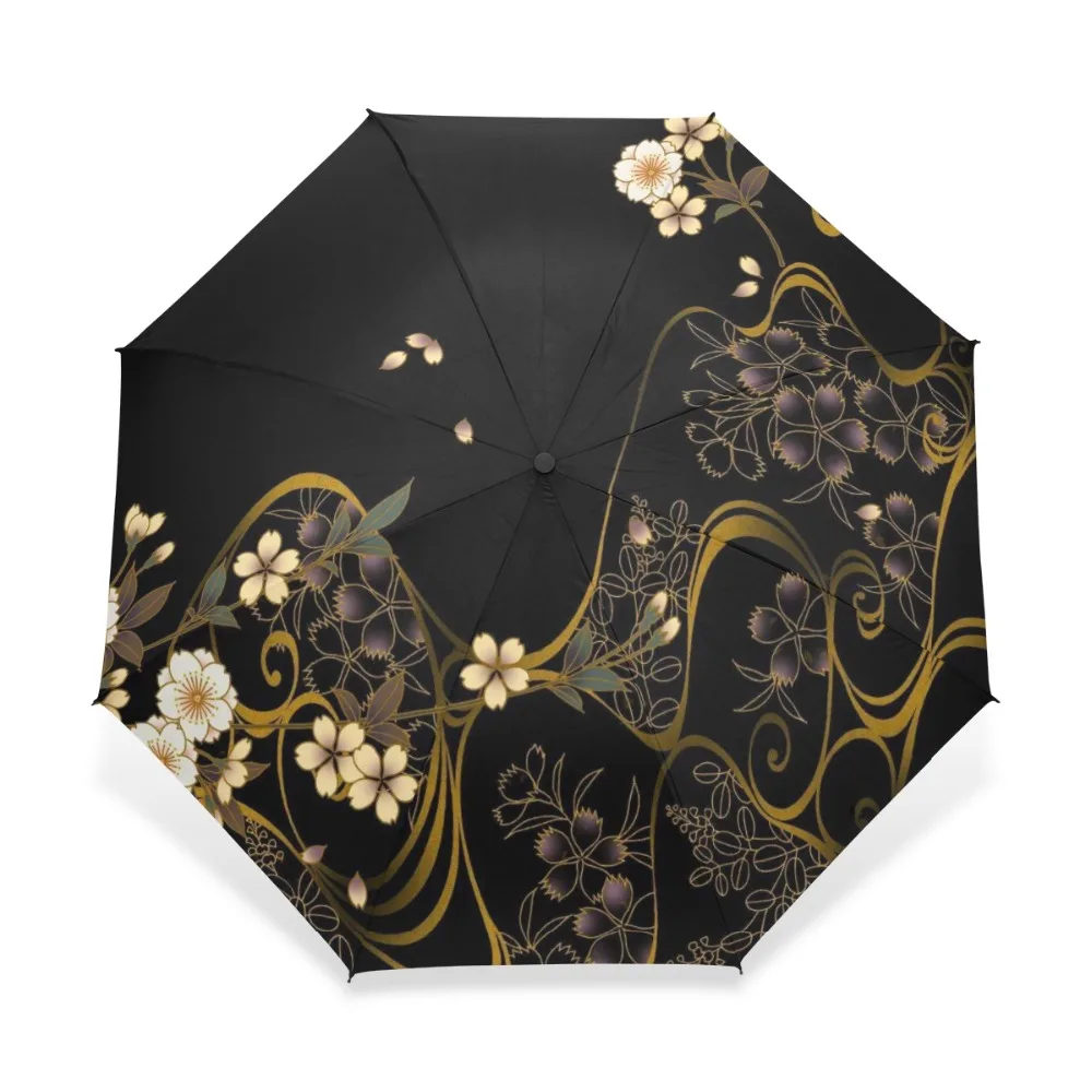 Black Elegant Flower Three Folding Simple Print Rain Sun Sunshine Anti