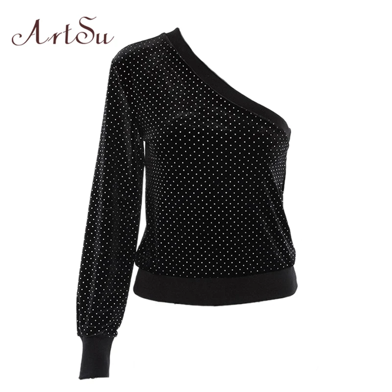 

ArtSu Korean Style Polka Dot One Shoulder Top Long Sleeve Black Shirt Sexy Graphic Tees Women T-shirt Camisas Mujer ASTS20587