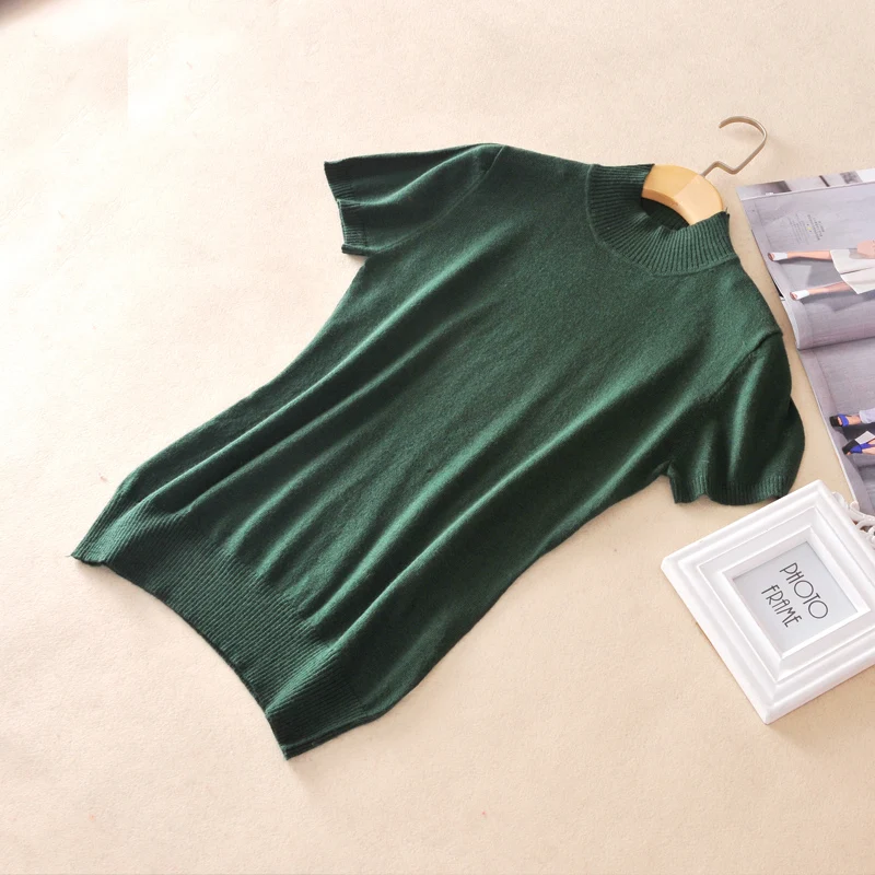 

Hot Sales Ladies Knitted Cashmere Wool Pullovers Half High Round Neck Short Sleeve Solid Loose Sweater Coat Free Shipping