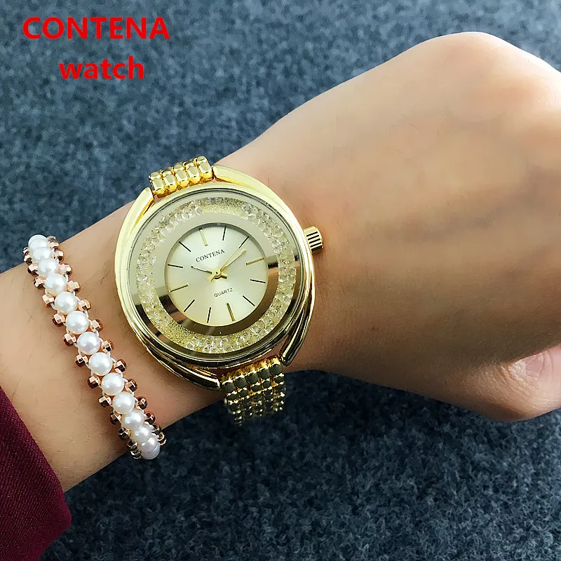 CONTENA, роскошные Брендовые женские часы с кристаллами и бриллиантами, розовые золотые часы, женские Полностью Стальные наручные часы, модные женские часы