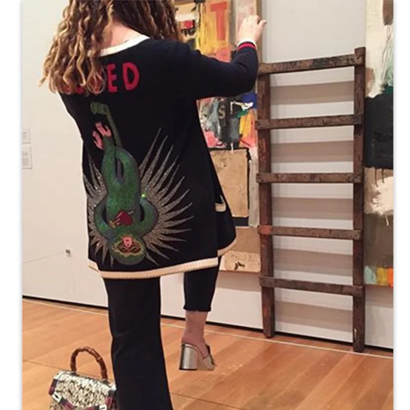 Winter Long knitted Cardigan Women Sweater Cashmere Embroidered Monkey Diamond Pearl Buttons 2018 Spring Black Jumper Knitwear |