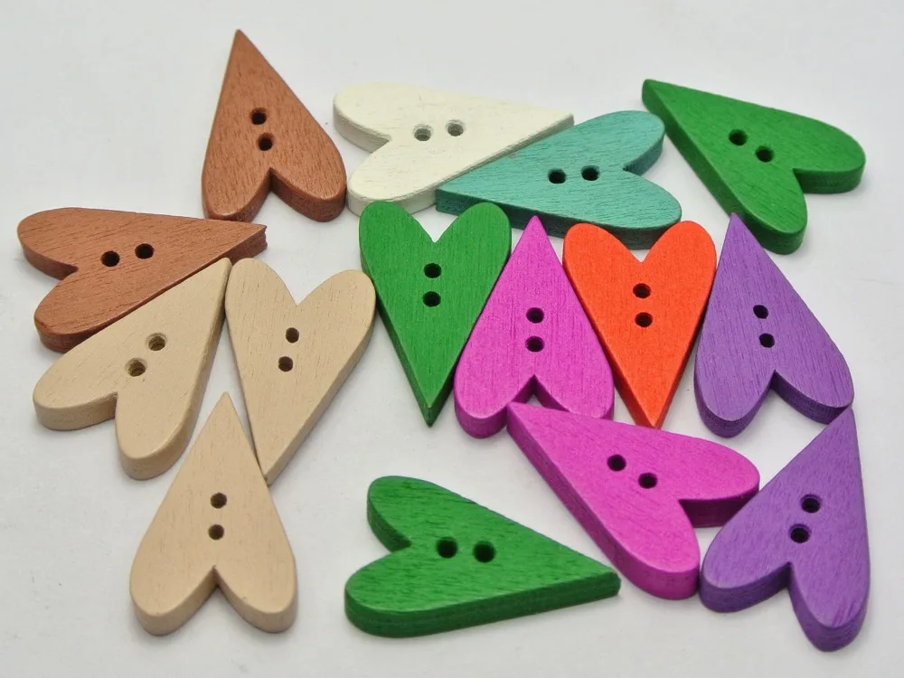 

100 Mixed Color Slender Heart 2 Holes Wood Sewing Buttons Flatback Scrapbook 24X15mm