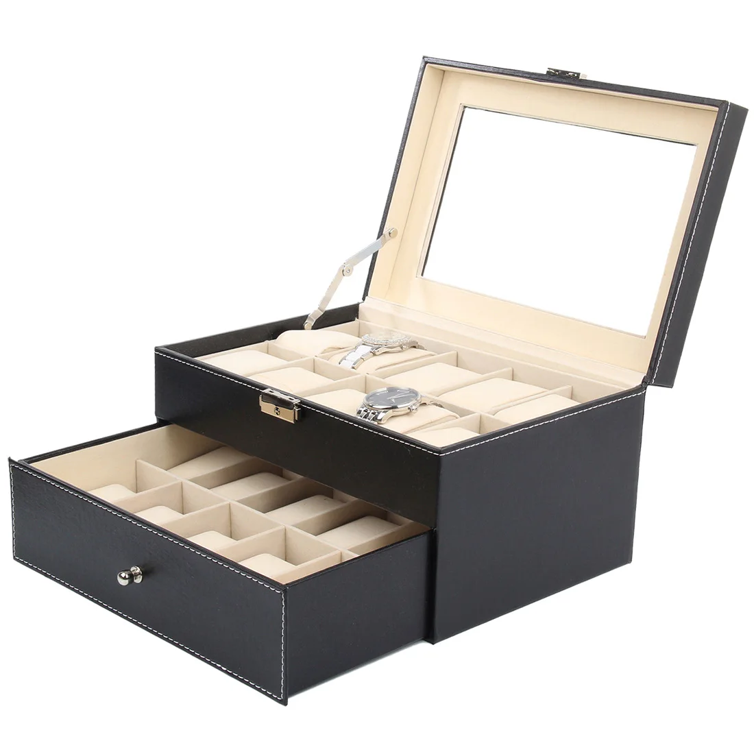 

Faux Leather Watch Case Storage Display Box Organiser Jewelery Glass TopMaterial & Size:20 Grid Leather