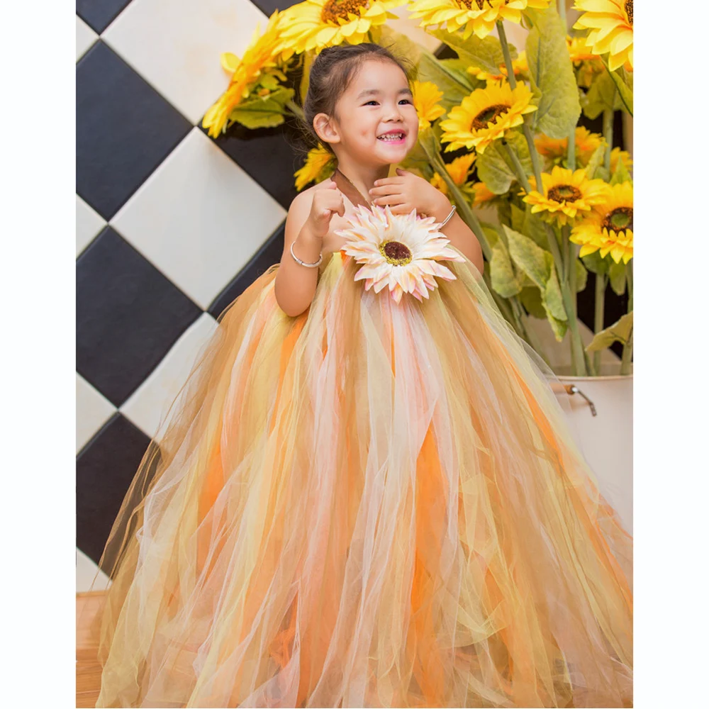 Halloween Scarecrow Costume for Girls Sunflower Dress Ankle Length Pumpkin Thanksgiving Carnival Tutu Dress Ball Gowns Children (6)