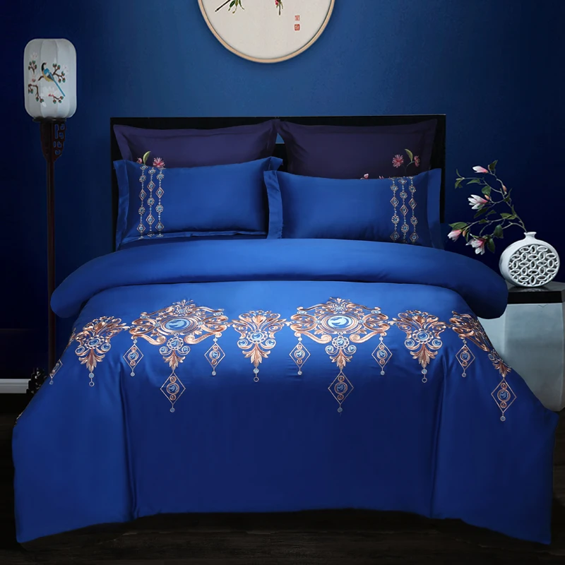 

Blue Green Egyptian Cotton Embroidery Luxury Bedding Set Queen King Size Bed Set Soft Bedsheets Linen Wedding Duvet Cover Set