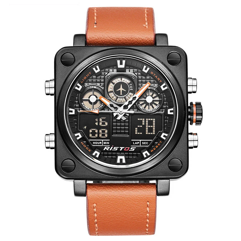 

Outdoor multi-function sports quartz men's watch leisure leather belt square dial wristwatch