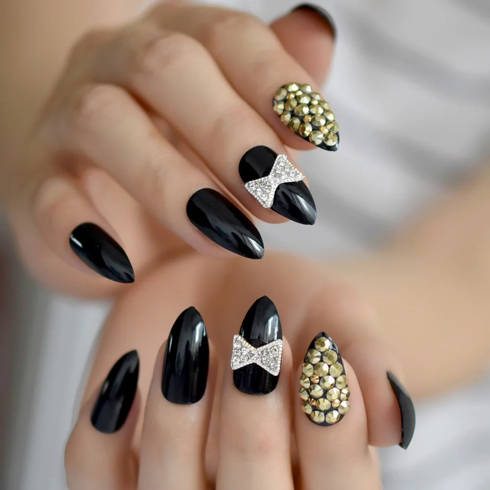 

Stiletto Medium Rhinestone Nails Black Gel Gold Crystal Bowknot Diamond Fake Nails Handmade Decoration Special False Nails