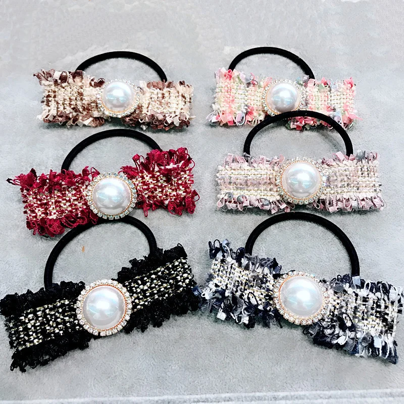 Woolen Plaid pearl hair ties korean chic fabric elastic hair band
