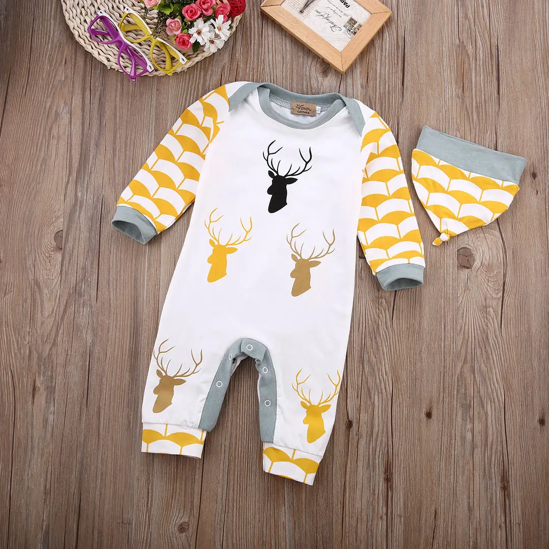 

Unisex Baby Boys Girls Deer Printed Romper Jumpsuit Hat Infant Clothing Romper Long Sleeve O Neck Jumpsuit Clothes