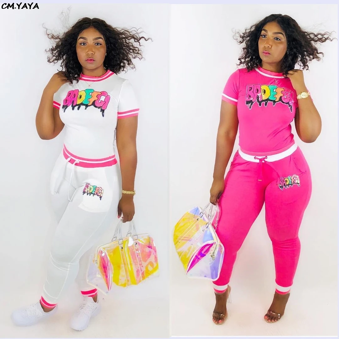 

2019 women new letter print short sleeve o-neck stripes tee top pencil long pants two piece set sporty fashion tracksuit c