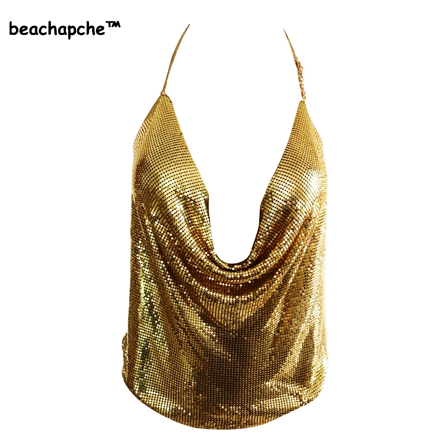 

Elegant Metal Crop Top 2018 Summer Style Sexy Backless Bralette Beach Halter Gold Sequined Party Women Tank Top