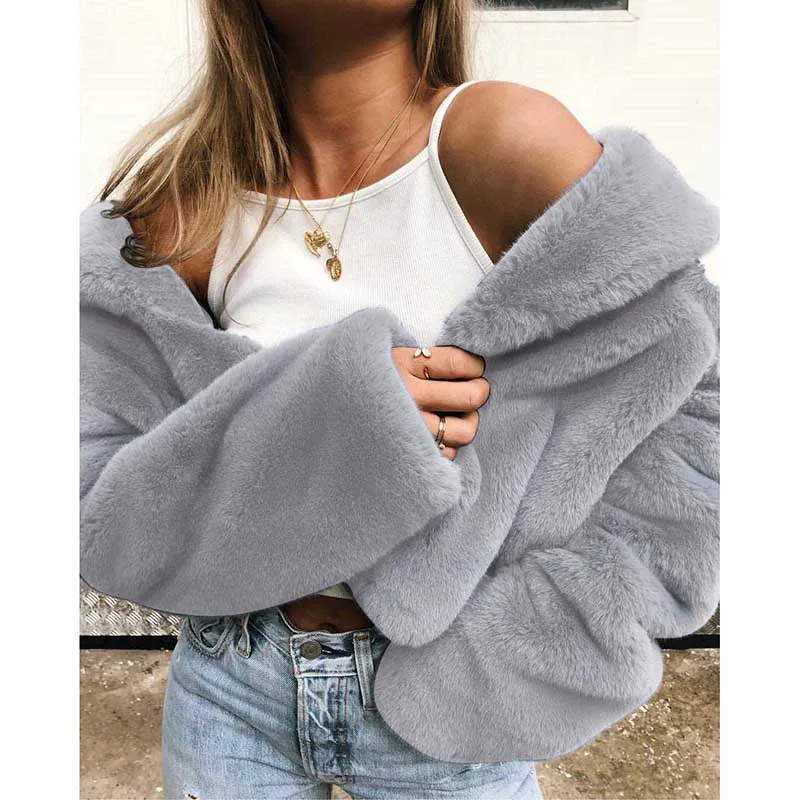 

Loose Faux fur Ladies Thick Coat Cardigan Long Sleeve Parka Overcoat Warm Fluffy Womens Lapel Neck Outerwear Tops