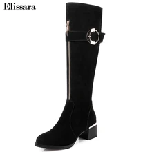 Elissara/женские сапоги до колена из натуральной кожи с двойной молнией; зимние сапоги на среднем квадратном каблуке с круглым носком и пряжкой; женская обувь