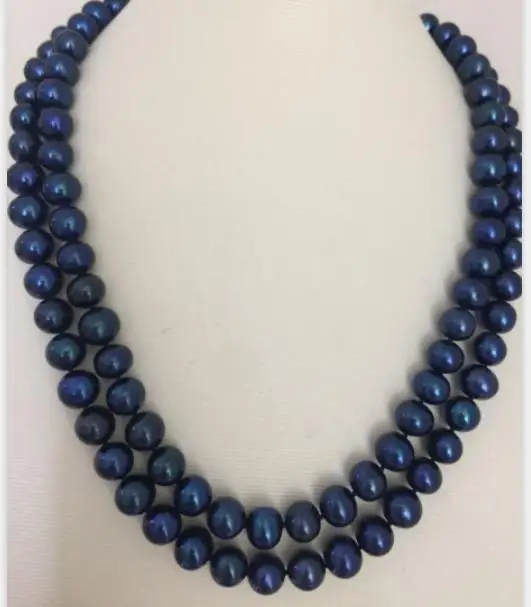 

2 rows tahitian round black blue pearl necklace 18"19"925s