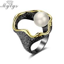 Mytys Ретро Античное черное кольцо Уникальный дизайн полое кольцо Жемчужное Украшение Золотая проволока рамки для женщин винтажный подарок R2130