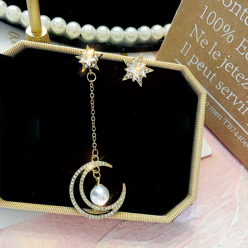 

2019 New Arrival Metal Trendy Moon Women Dangle Earrings Korean Asymmetrical Star-moon Long style Female Trendy Simple Earrings