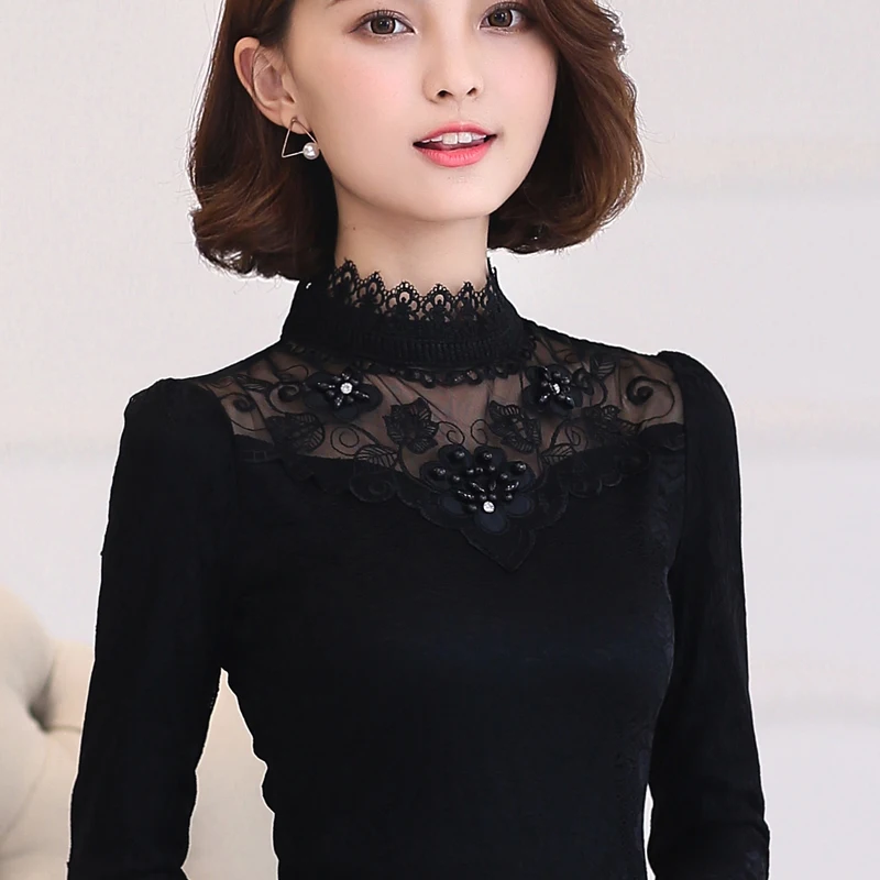

2019 Women's Summer Black Lace Tops Tees Girls Beading Casual T-shirts Feminino Full Shirts Women Crochet Turtleneck Tops Shirts