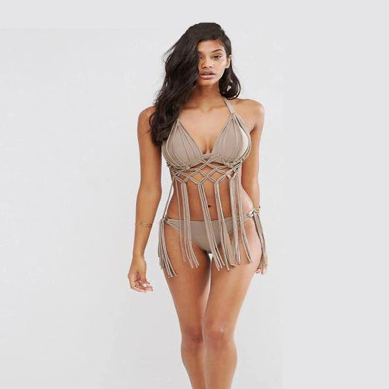 Bikinis Female 2019 Women Swimwear Bikini Tassel Swimsuit Grey Micro Bikini Sexy Bralette Push Up Padded Bra Beachwear (5)