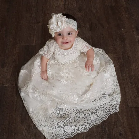 

Baby Infant Girls Ivory White Christening Gown Long Baptism Dress Robe Lace Blessing Gown Newborn 3 6 9 12 18 24month
