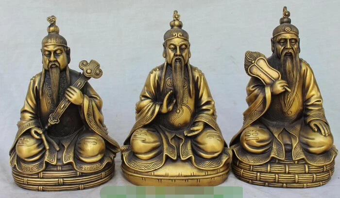 

xd 003427 13" Chinese Bronze High Lord Laojun Taoist Buddha 3 God Xing Set Ruyi Fan Statue