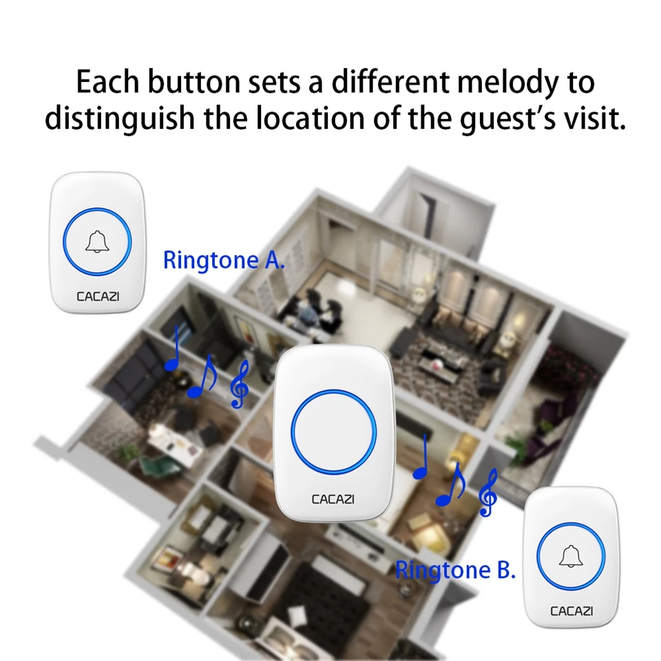 CACAZI Wireless Doorbell Waterproof Battery buttons US EU UK plug Receiver 300M Remote Led light Home Cordless Bell 60 Chimes CACAZI Wireless Doorbell Waterproof Battery buttons US EU UK plug Receiver 300M Remote Led light Home Cordless Bell 60 Chimes