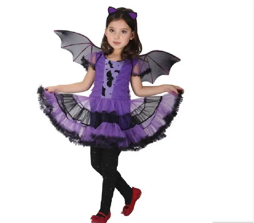 

Fancy Masquerade Party Bat Girl Costume Children Cosplay Dance Dress Costumes for Kids Purple Halloween Clothing Lovely Dresses
