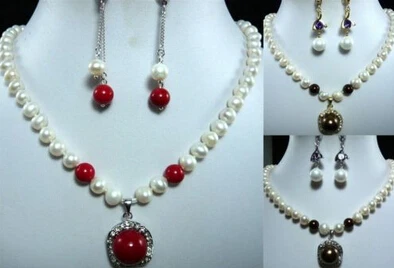 

ddh001362 3 color-white pearl necklace & red/coffee shell pendant(14mm) earring(12mm) set can choose