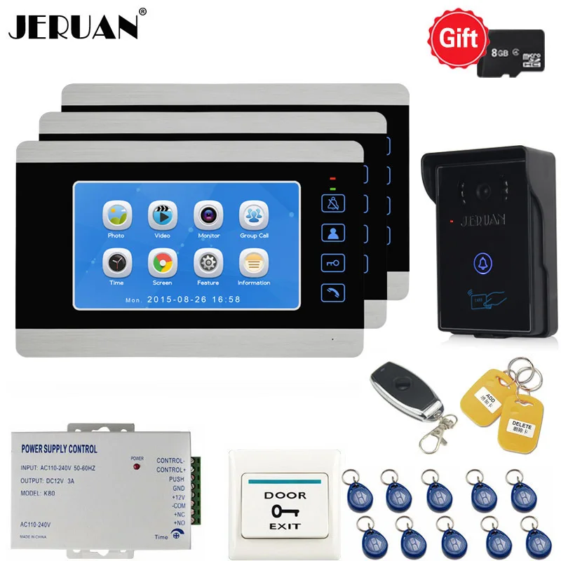 JERUAN Wired 7 Inch LCD Video Doorbell DoorPhone Unlock Intercom System kit Video Record Monitor Waterproof RFID Access Camera