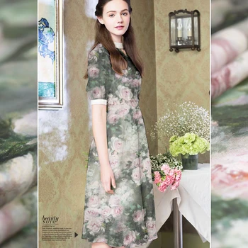

Hot sale fashion paint roses natural silk chiffon fabric for dress telas patchwork tissu tissus au metre tela DIY stoffen cloth