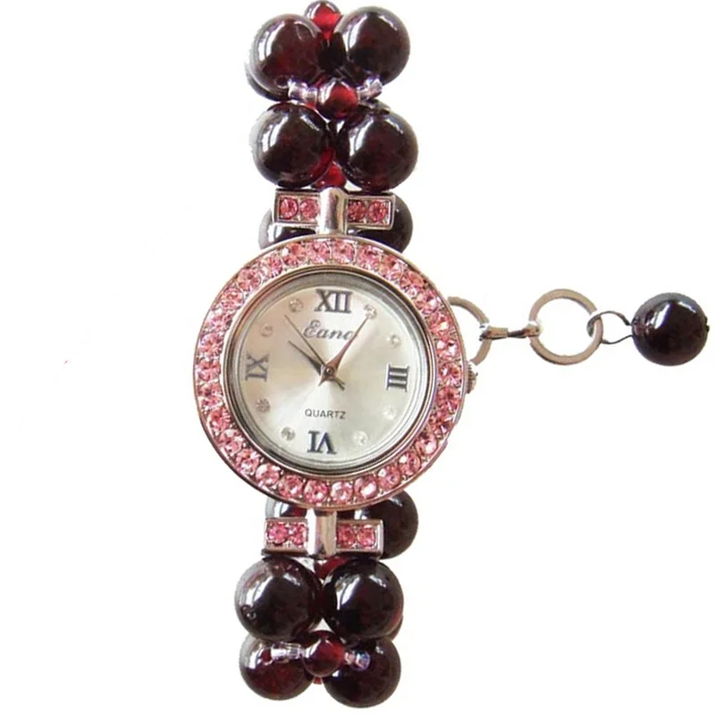 

2019 Round Dial Natural Garnet Watch Strap Beautiful Bracelet Watch Wine Red Crystal Watch Quartz Watch