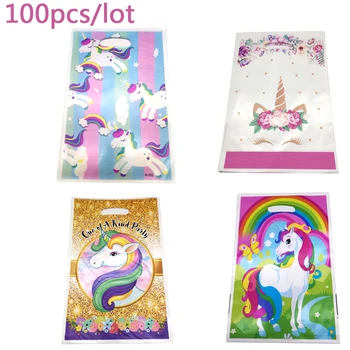 

Wholesale 7 Design Cute Unicorn Decorations Happy Birthday Party Plastic Gifts Bags Baby Shower Girls Favors Loot Bags 100PCS