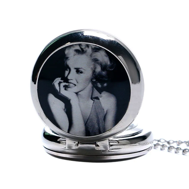 Мэрилин Монро Oomph карманные часы Глянцевый серебряный медальон тонкая цепочка элегантный свитер Цепочки и ожерелья Для женщин девушек