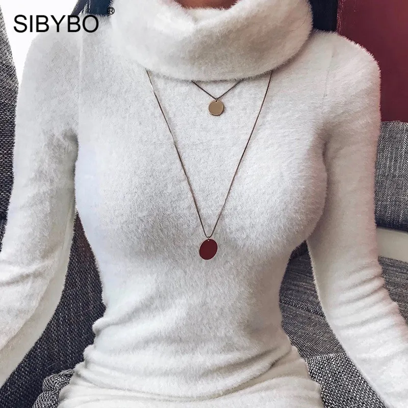 Женское мини платье SIBYBO Осеннее облегающее с высоким воротом и длинным рукавом