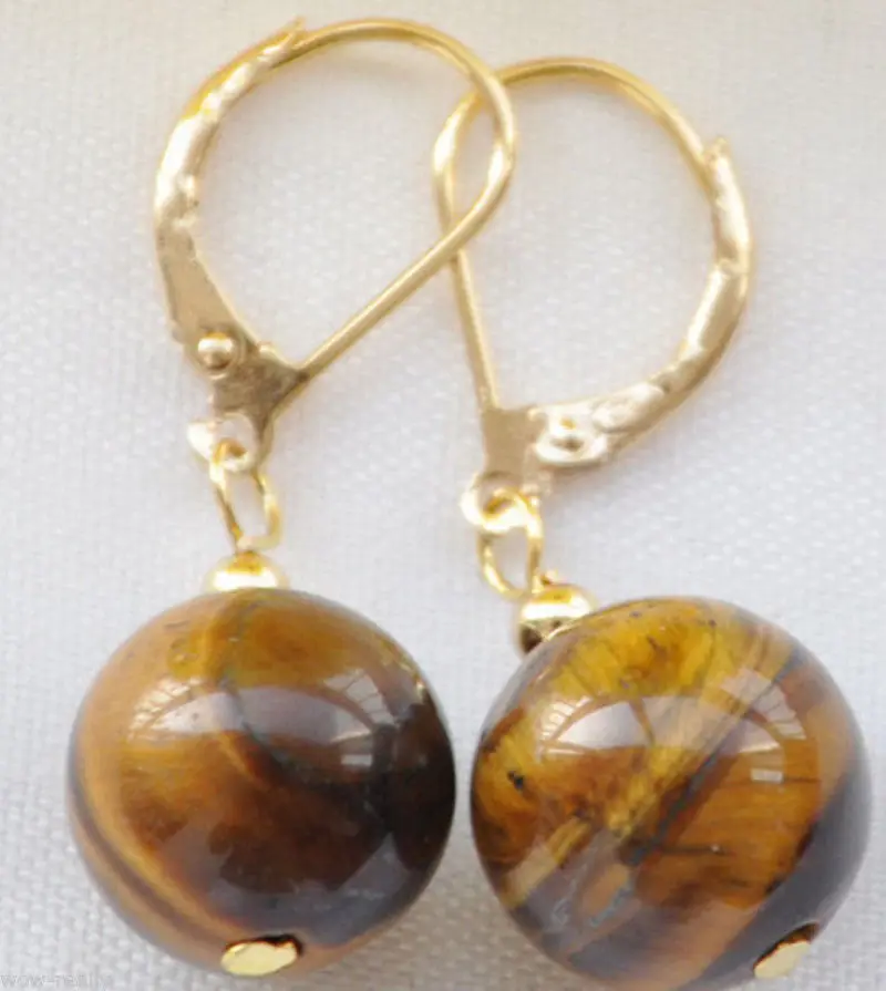 

Free shipping nature 12mm Tiger's-eye Bead 14K Gold Plated Dangle Earrings