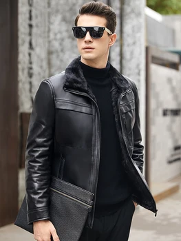 

2019 new men's jacket mink lining winter warm sheepskin leather fashion mink fur men's short leather jacket