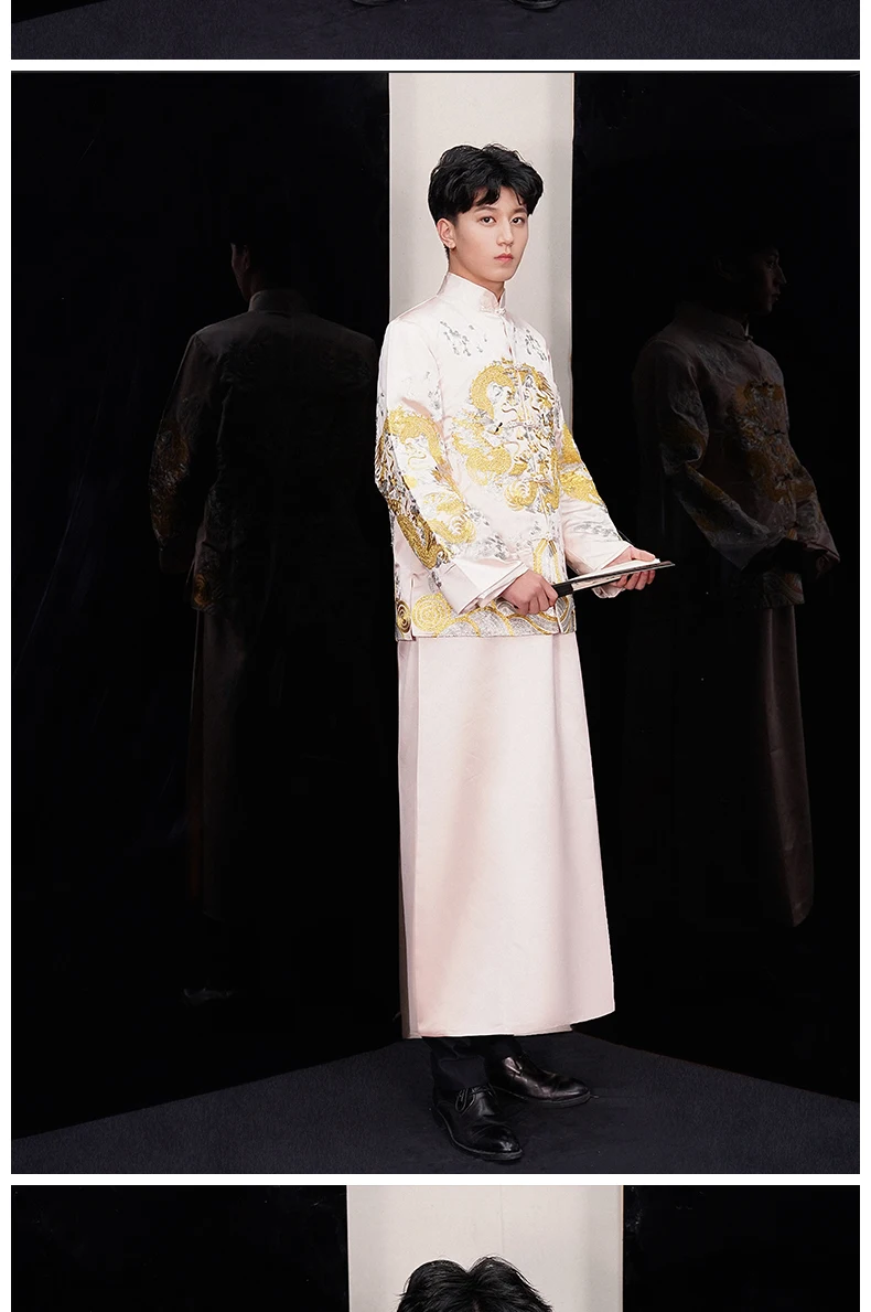 Китайский стиль жениха платье куртка традиционный Qipao для мужчин жениха Свадебный костюм вышитый дракон мужская рубашка