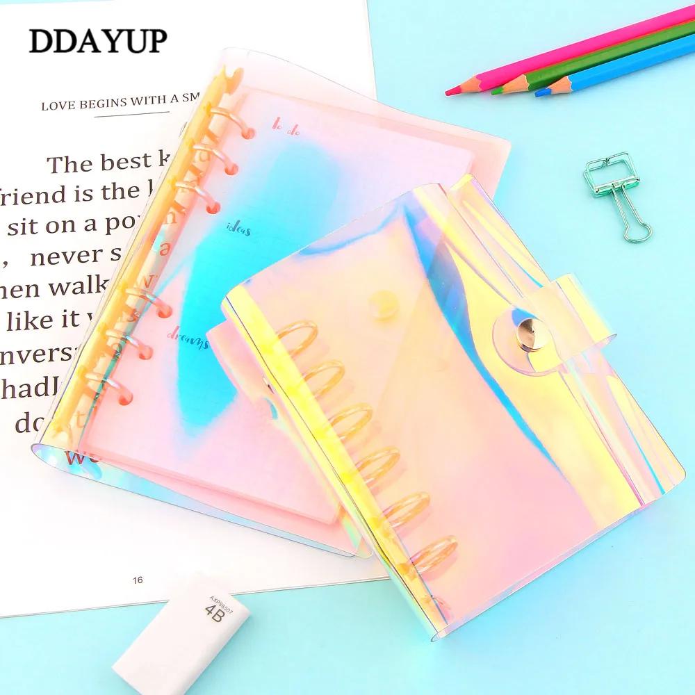 

Creative Rainbow Laser Transparent Notebook diary Cover Glitter Loose leaf Note Book Planner Clip Office Supplies A5 A6 A7