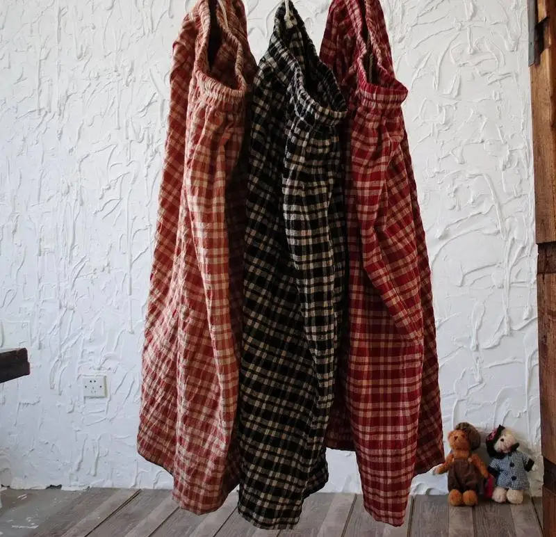 

YoYiKamomo 2017 women cotton linen skirt vintage plaid elastic waist casual women skirt