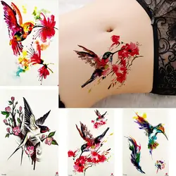 Вдохновленный Коллекция акварельных тату наклейки Для женщин рукоятки тела полет Колибри татуировки Временные Девушки Цветок Ласточка