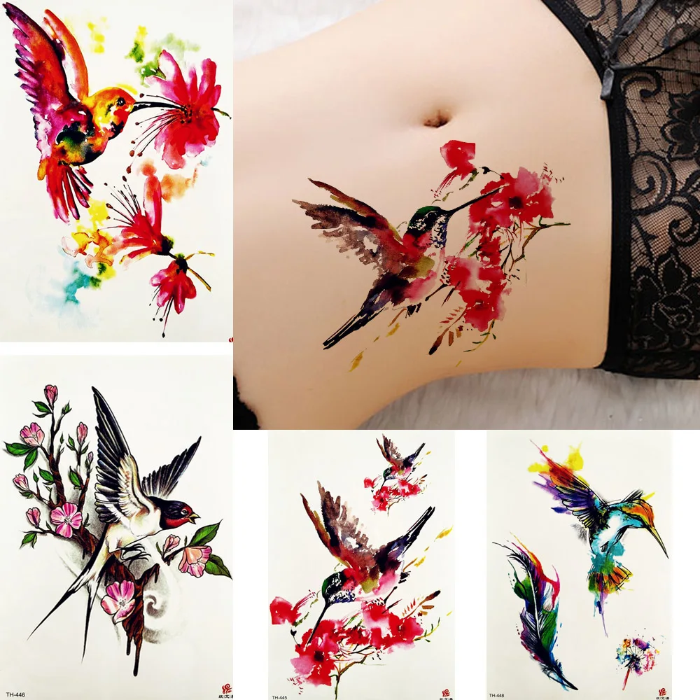 

Inspired Watercolor Tattoo Stickers Women Body Arm Flying Hummingbird Tattoos Temporary Girls Flower Swallow Branch Tatoos Art
