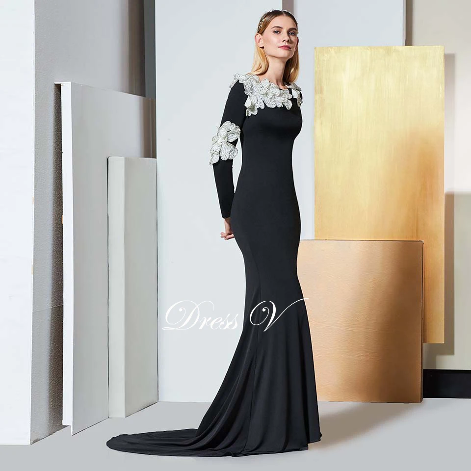 Dressv черное элегантное вечернее платье с длинными рукавами с глубоким вырезом и цветком, свадебное официальное платье русалки, вечернее платье es
