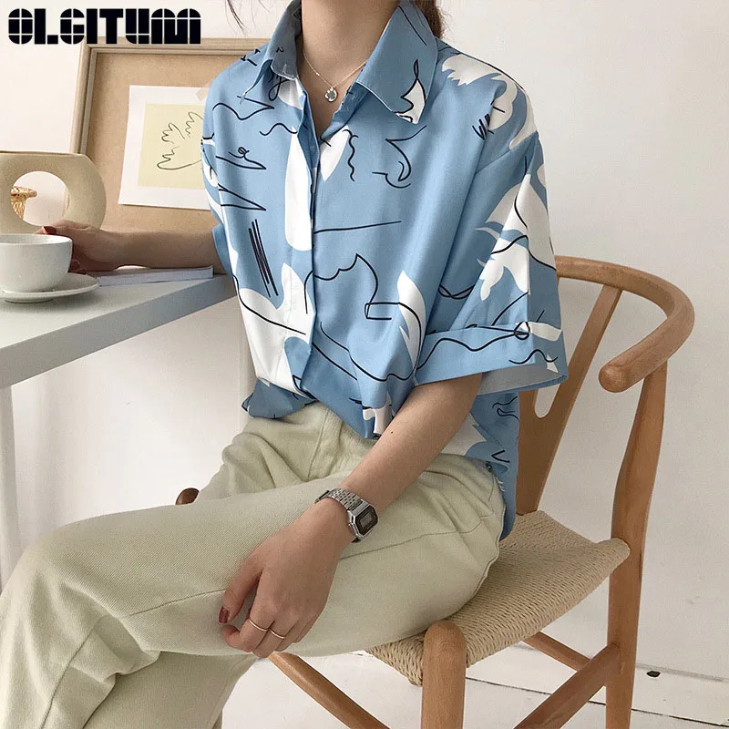 

New Blouse Korean Causal Printing Shirt 2019 Summer Short Sleeve Turn-down Collar Shirts Woman Blusas Tops BS351