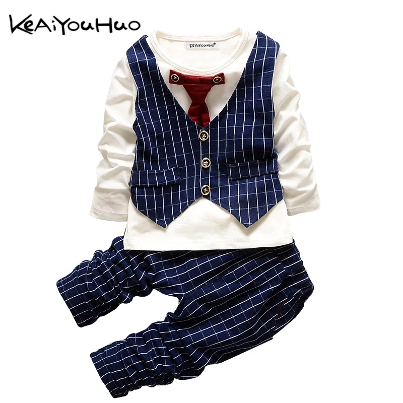 KEAIYOUHUO/осенние комплекты одежды для малышей жилет с галстуком в джентльменском стиле полосатая футболка+ штаны, вечерние комплекты одежды на Рождество детский спортивный костюм для мальчиков