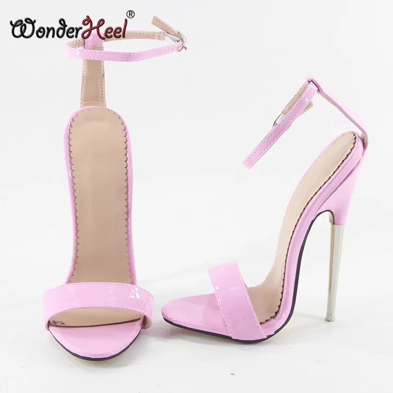 Wonderheel/Коллекция года; сезон лето; очень высокий каблук 18 см; Цвет Черный; лакированная кожа; пикантная обувь на высоком каблуке; модные стильные женские босоножки с ремешком на щиколотке