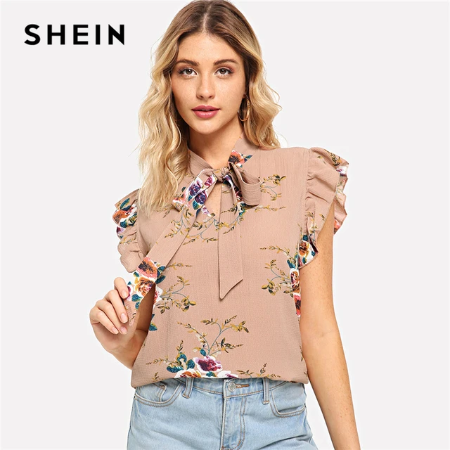 Hombro Rosas Floral Cuello Blusas Chifón Mangas Volantes Sin Flounce Mujeres De Atado Con Verano Blusa n1wq8PYw