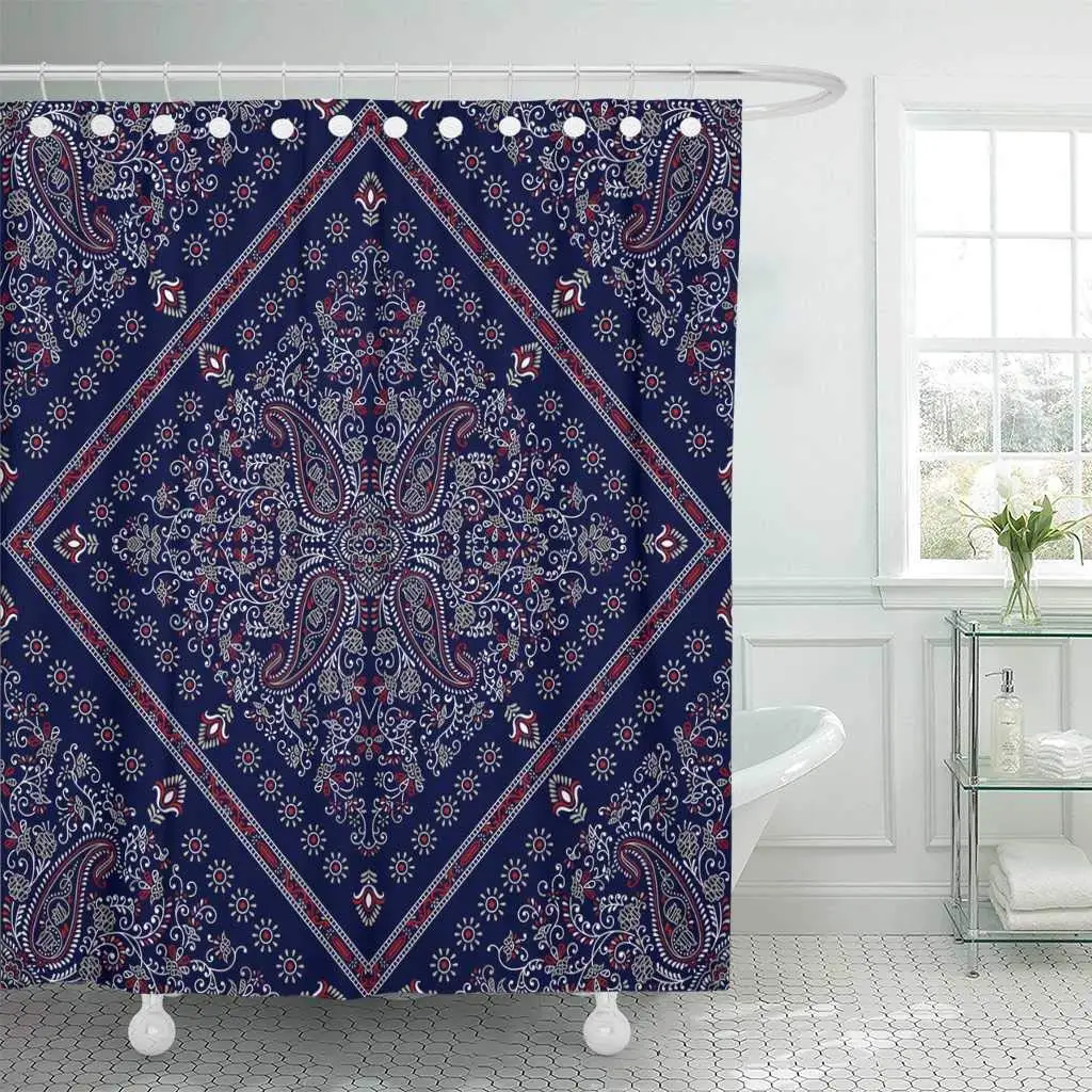 Shower Curtain with Hooks Blue Border Paisley Kerchief Red Bandana Boho